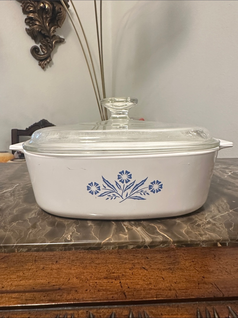 Corningware White Casserole with Blue Flower Motif and Glass Lid